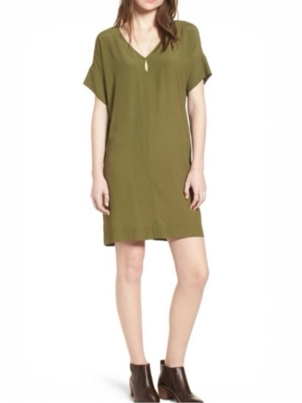 MADEWELL Novel Shift Dress Short Sleeve Olive Green Size Large.